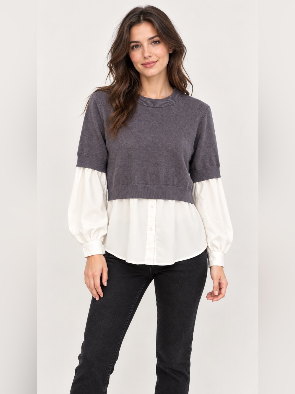 TRUTH Gray Layered Knit Sweater with White Shirt Detail